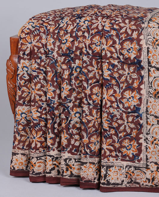 Brown floral vine machine-printed kalamkari cotton saree, floral creeper border & pallu of intricate print