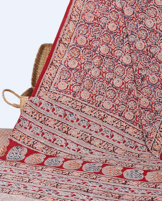 Red floral vine machine-printed kalamkari cotton saree,floral creeper border & pallu of floral,elephant & paisley print