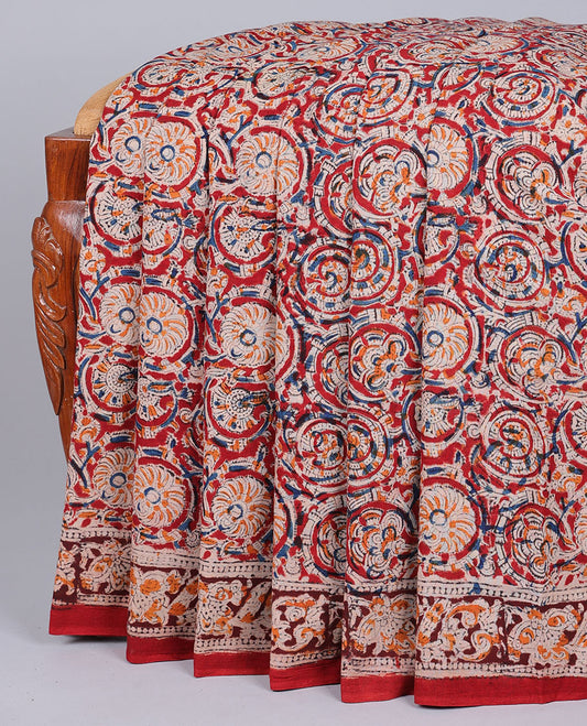 Red floral vine machine-printed kalamkari cotton saree,floral creeper border & pallu of floral,elephant & paisley print