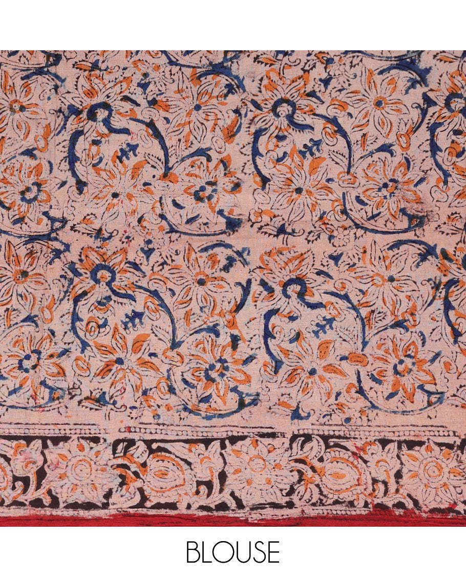 Red floral vine machine-printed kalamkari cotton saree, floral creeper border & pallu of floral & paisley print