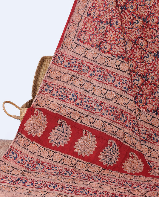 Red floral vine machine-printed kalamkari cotton saree, floral creeper border & pallu of floral & paisley print