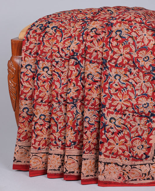 Red floral vine machine-printed kalamkari cotton saree, floral creeper border & pallu of floral & paisley print