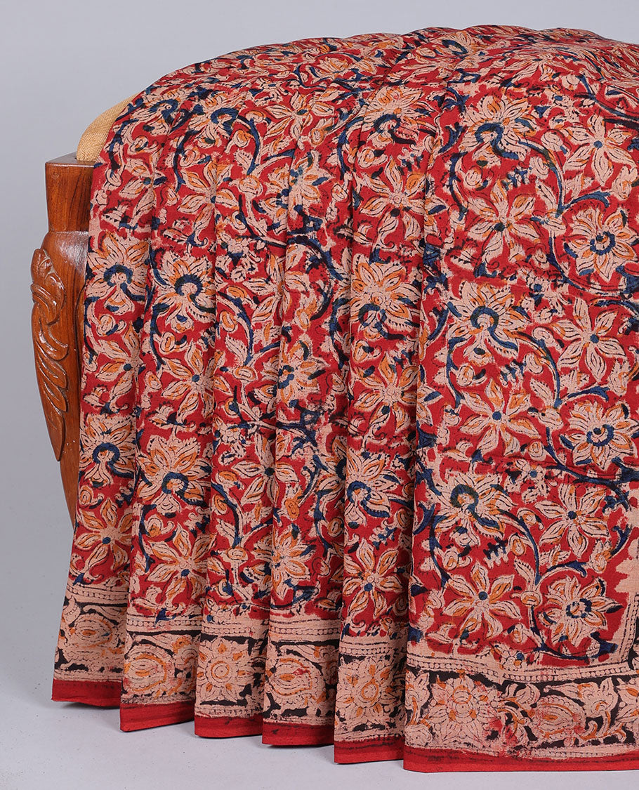 Red floral vine machine-printed kalamkari cotton saree, floral creeper border & pallu of floral & paisley print