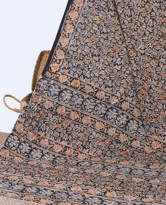 Black floral vine machine-printed kalamkari cotton saree, floral creeper border & pallu of floral print