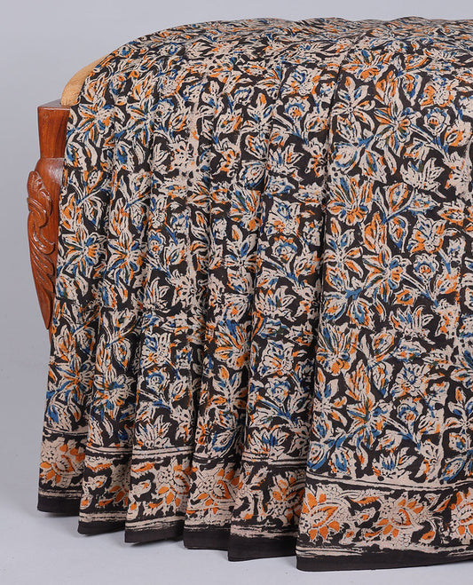 Black floral vine machine-printed kalamkari cotton saree, floral creeper border & pallu of floral print