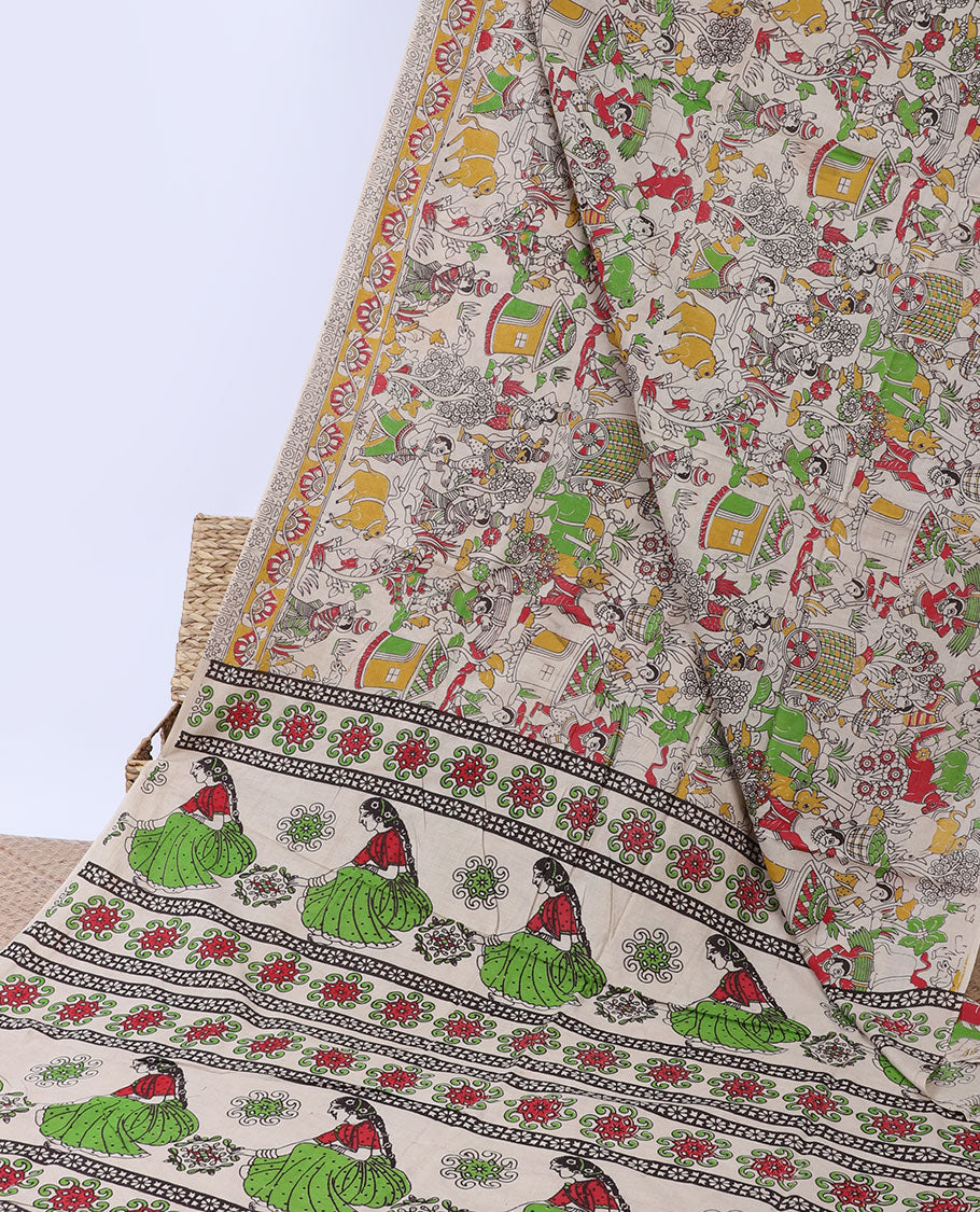 Off-white animal & human-machine printed kalamkari cotton saree, floral creeper border & floral & human motif pallu