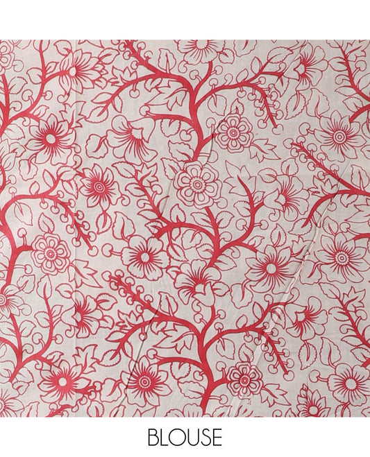 Off-white animal & human-machine printed kalamkari cotton saree, floral creeper border & floral & human motif pallu