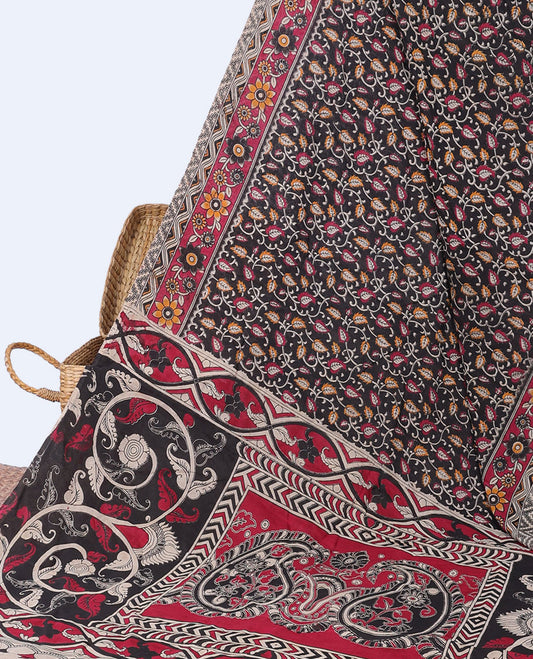 Black floral vine machine-printed kalamkari cotton saree, contrast floral & chevron border & pallu of floral & paisleys
