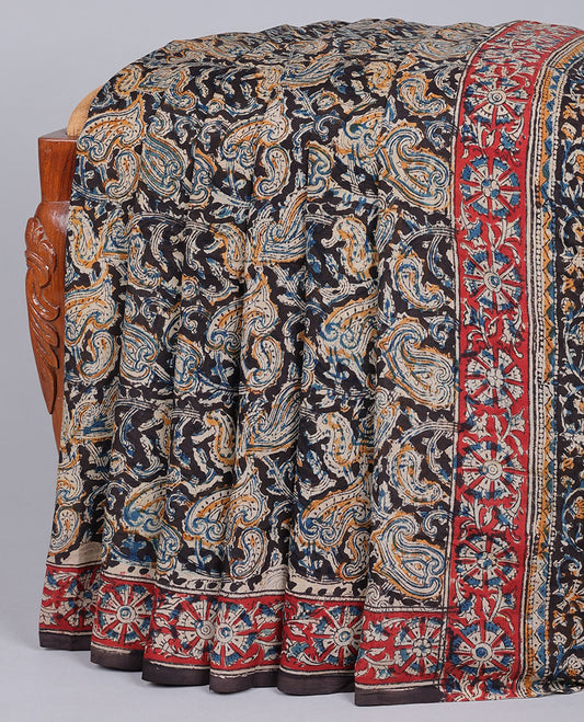 Red lotus vine & swan motifs machine-printed kalamkari cotton saree, contrast floral creeper border & peacocks pallu