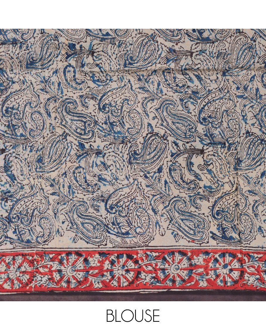 Black paisley vine machine-printed kalamkari cotton saree, contrast floral creeper border & pallu of floral & paisleys