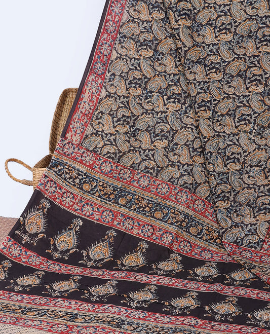 Black paisley vine machine-printed kalamkari cotton saree, contrast floral creeper border & pallu of floral & paisleys