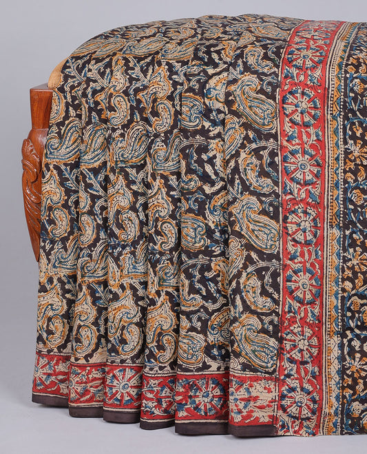 Black paisley vine machine-printed kalamkari cotton saree, contrast floral creeper border & pallu of floral & paisleys
