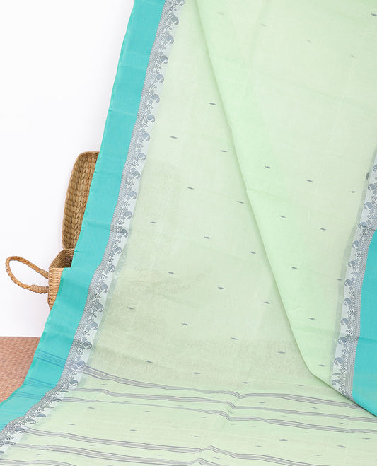 Green cotton saree with all-over buttas, contrast paisley design border & pallu of stripes 