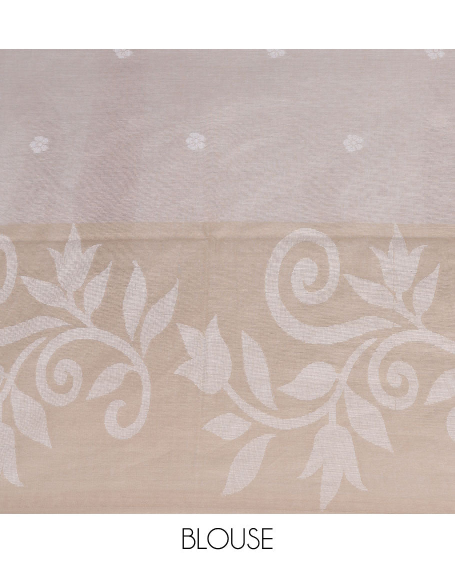 Light beige khadi cotton saree with floral buttas, contrast floral design border & pallu of stripes