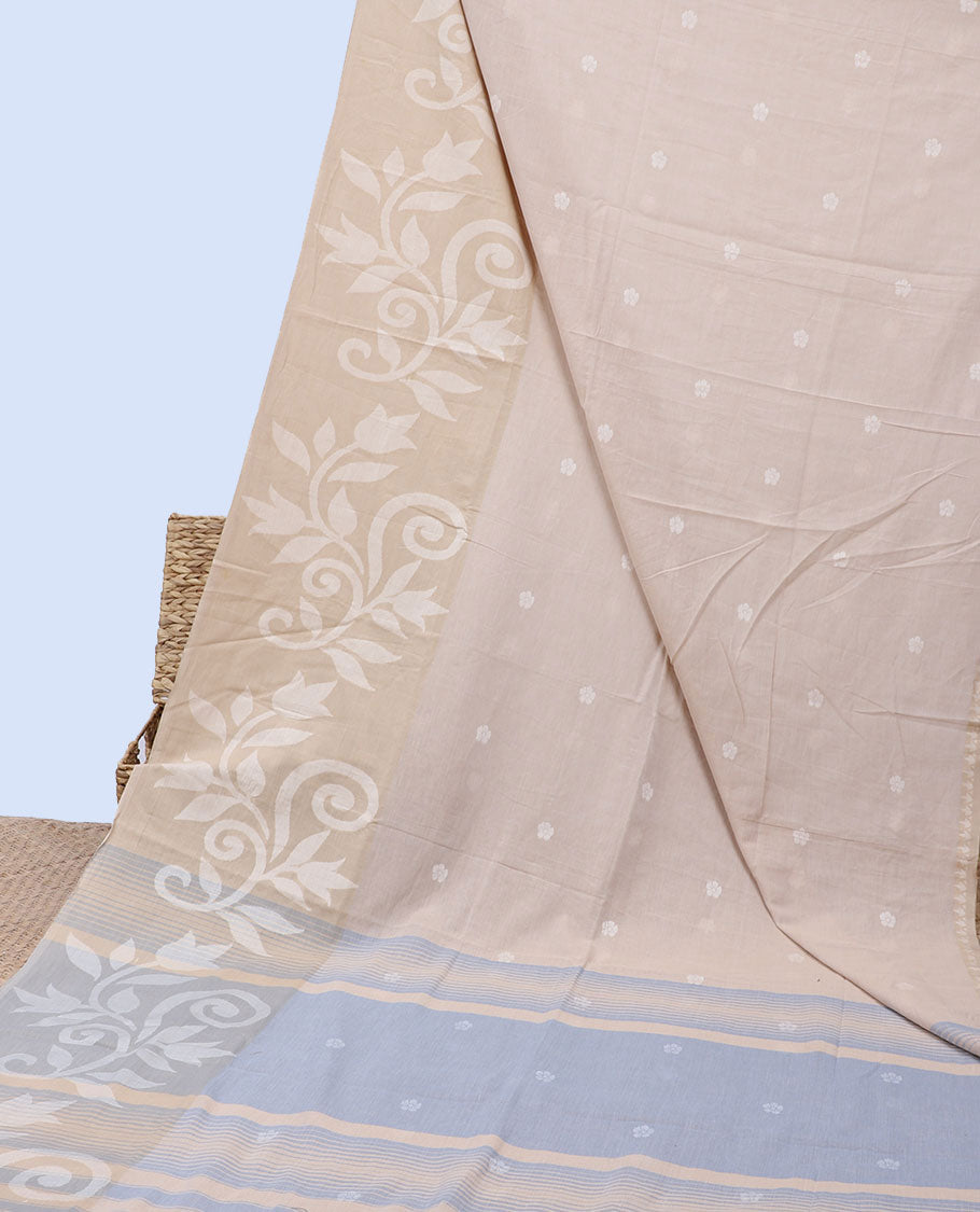 Light beige khadi cotton saree with floral buttas, contrast floral design border & pallu of stripes