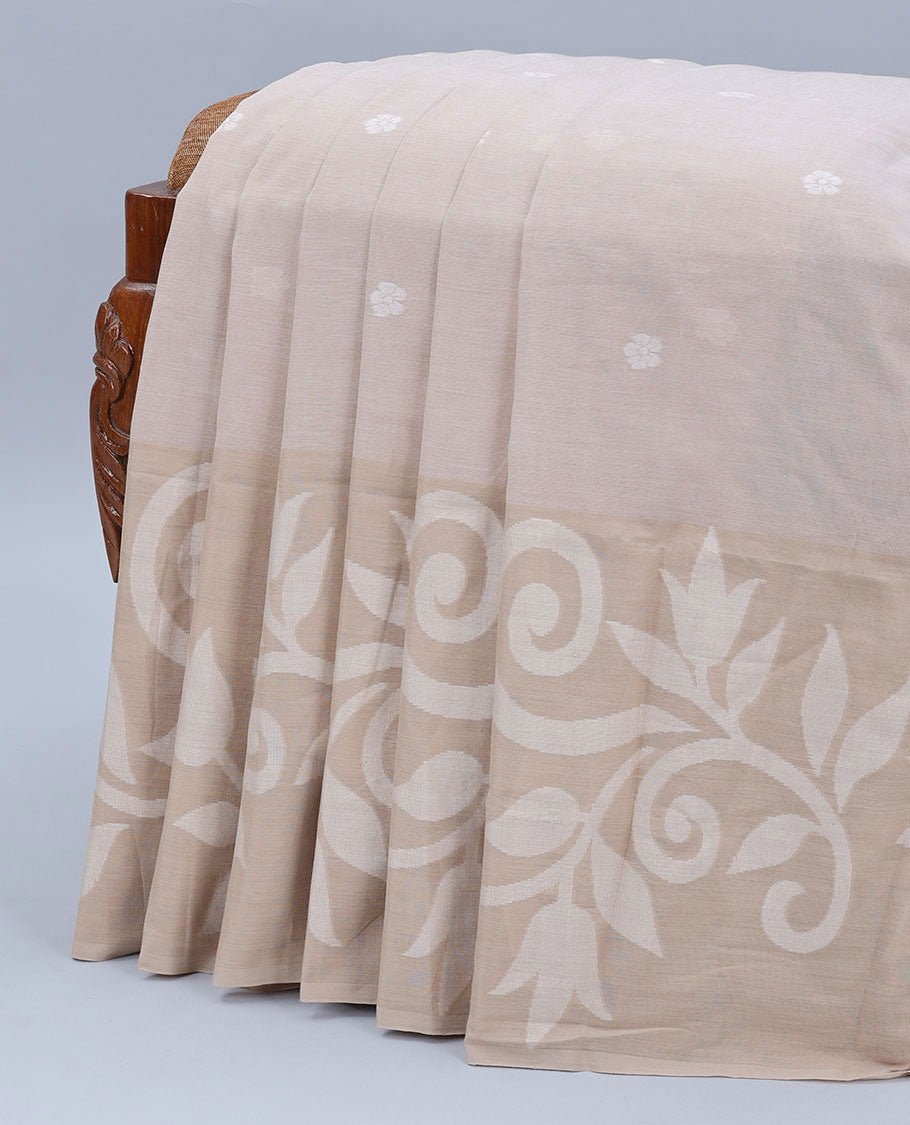 Light beige khadi cotton saree with floral buttas, contrast floral design border & pallu of stripes