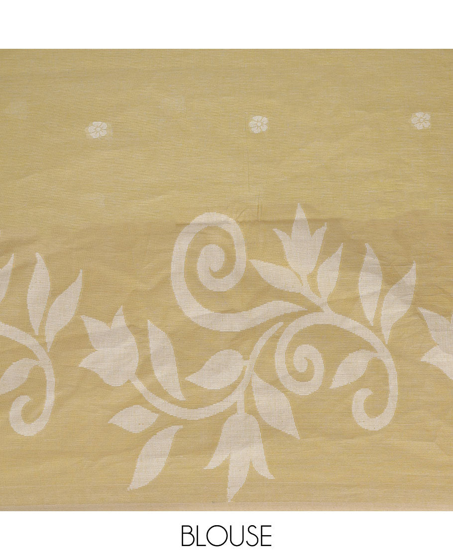 Light yellow khadi cotton saree with floral buttas, floral design border & pallu of stripes