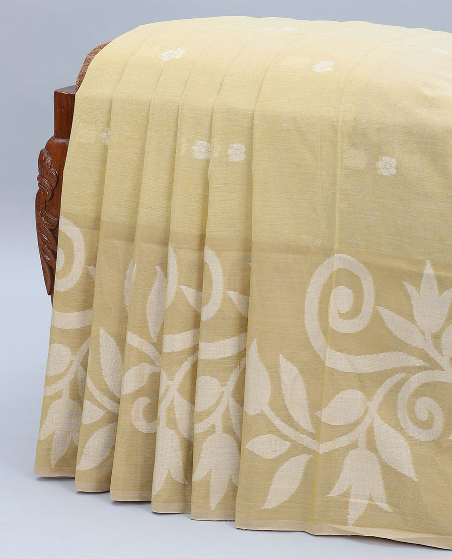 Light yellow khadi cotton saree with floral buttas, floral design border & pallu of stripes