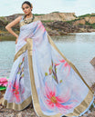 Blue striped & floral printed designer catalog saree, zari striped border & floral printed pallu