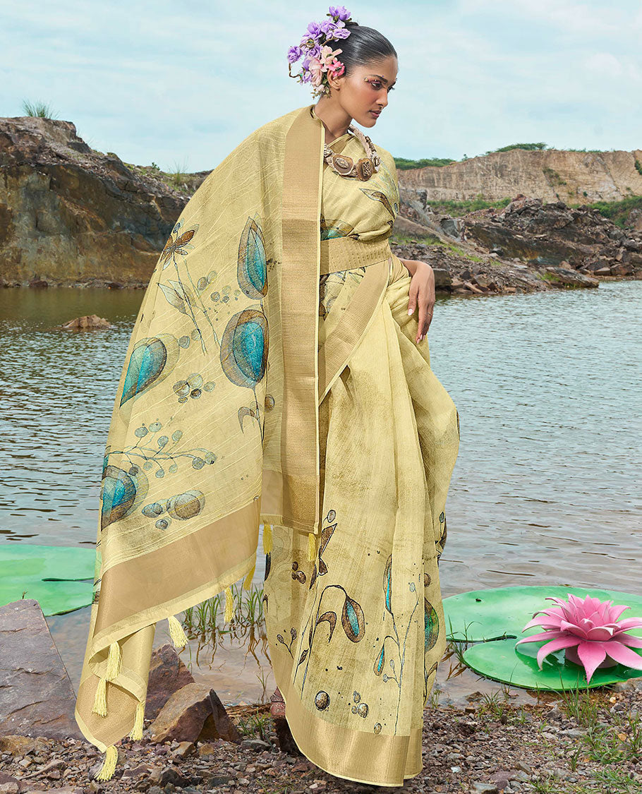 Sandal striped & unique floral printed designer catalog saree, zari striped border & unique floral printed pallu