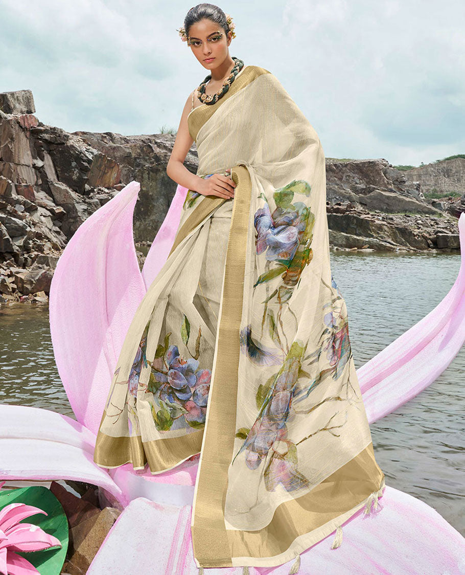 Beige striped & berry-like fruit motif printed designer catalog saree,zari border & berry-like fruit motif printed pallu