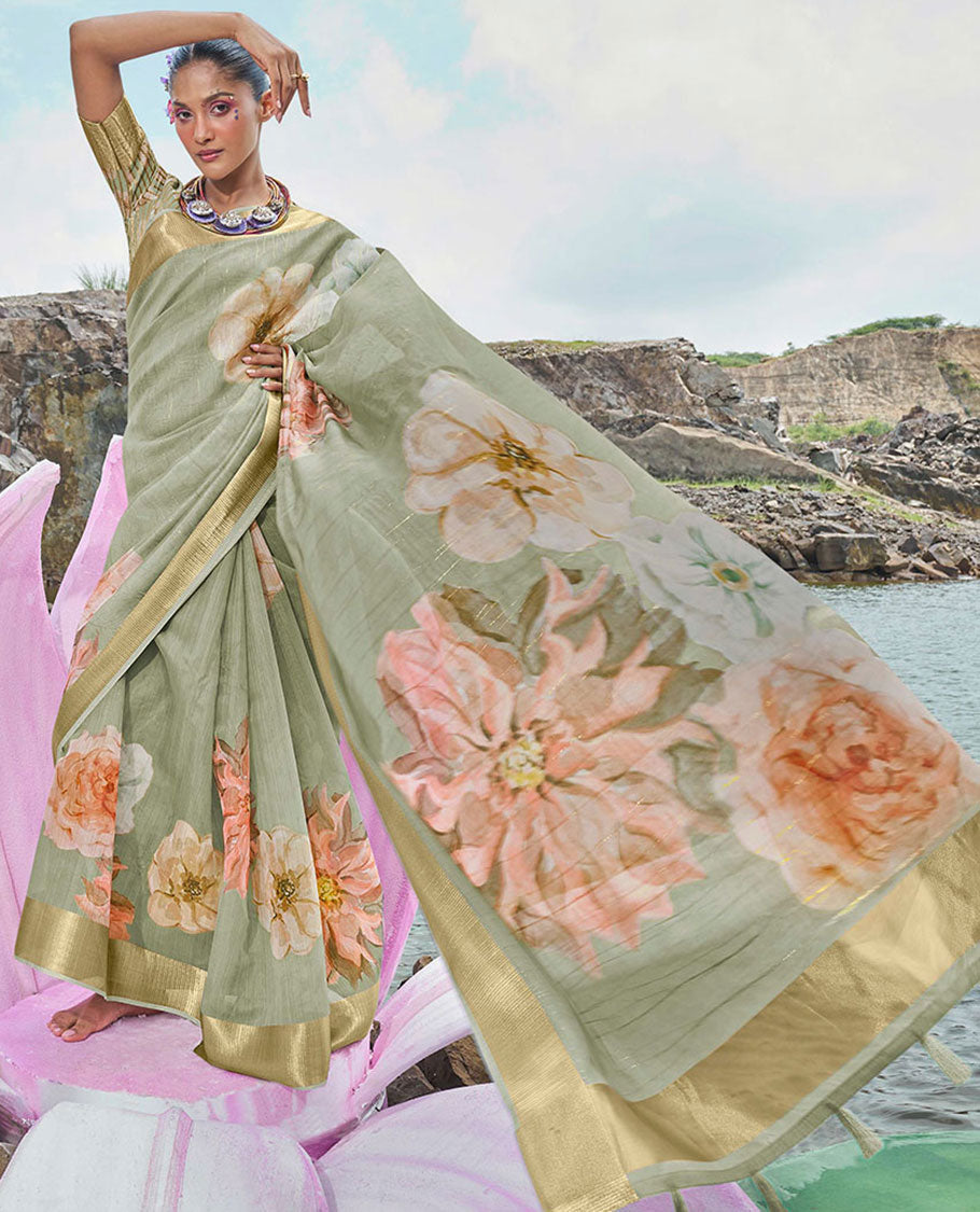 Green striped & floral printed designer catalog saree, zari striped border & big flower printed pallu