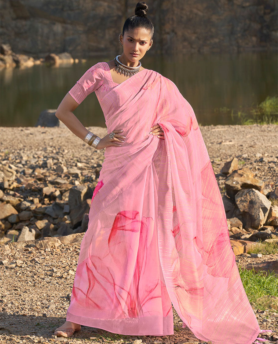 Pink floral printed & golden striped designer catalog organza saree, striped border & floral printed pallu 