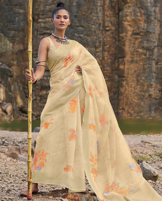 Beige floral motifs printed & golden striped designer catalog organza saree, self-border & floral motifs printed pallu 