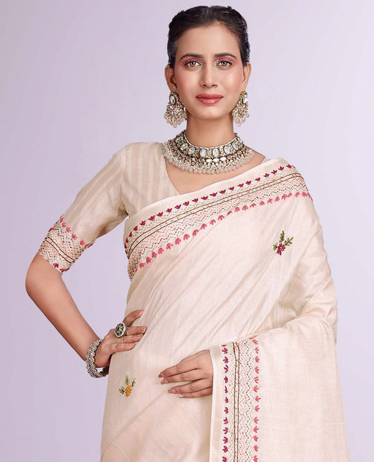 Cream floral embroidery designer catalog tussar saree,chevron & floral embroidery border, tree print & embroidery pallu