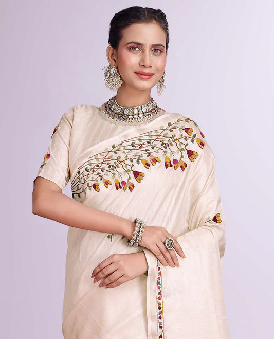Cream colorful floral embroidery designer catalog tussar saree, floral embroidery border, floral vine embroidery pallu