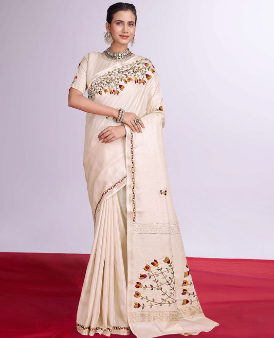 Cream colorful floral embroidery designer catalog tussar saree, floral embroidery border, floral vine embroidery pallu