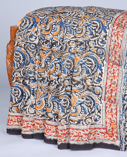 Blue floral machine-printed kalamkari cotton saree, contrast floral printed border & pallu of floral print