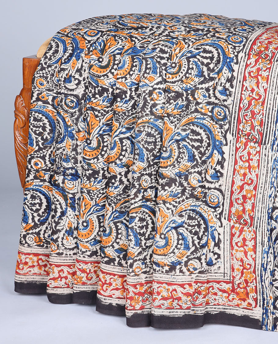 Blue floral machine-printed kalamkari cotton saree, contrast floral printed border & pallu of floral print