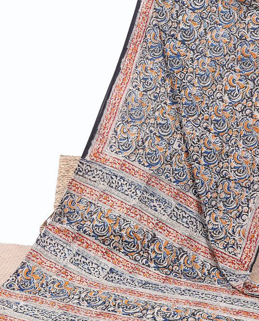 Blue floral machine-printed kalamkari cotton saree, contrast floral printed border & pallu of floral print