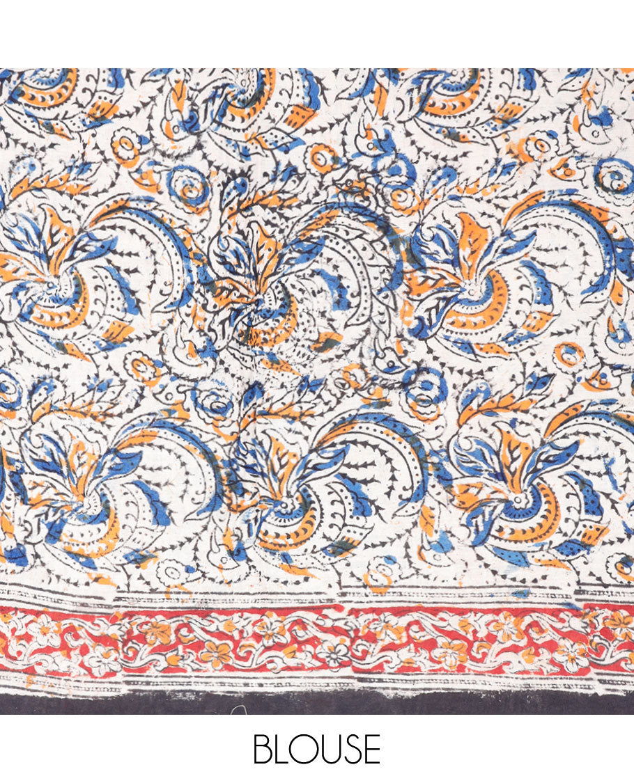 Blue floral machine-printed kalamkari cotton saree, contrast floral printed border & pallu of floral print