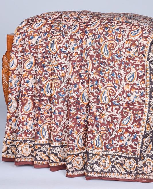 Brown paisley machine-printed kalamkari cotton saree, floral printed border & pallu of floral creeper print