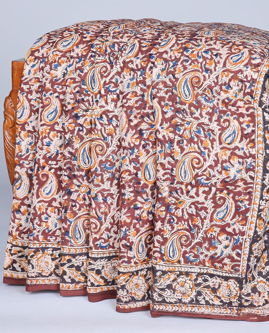 Brown paisley machine-printed kalamkari cotton saree, floral printed border & pallu of floral creeper print