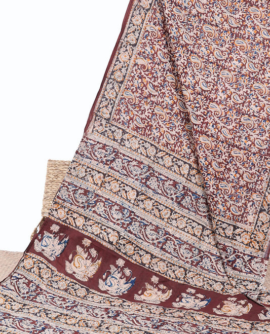 Brown paisley machine-printed kalamkari cotton saree, floral printed border & pallu of floral creeper print