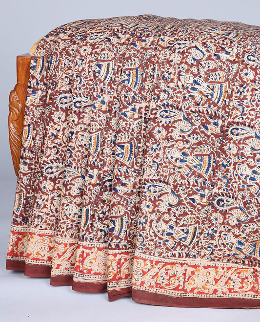 Brown floral & human motif machine-print kalamkari cotton saree,contrast floral print border & intricately printed pallu