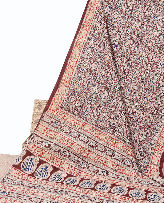 Brown floral & human motif machine-print kalamkari cotton saree,contrast floral print border & intricately printed pallu