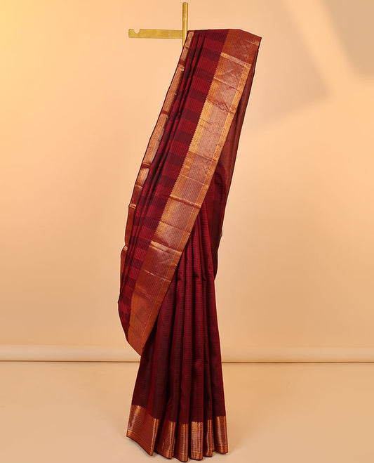 Maroon striped silk saree, zari border of manga mokku,muthu,neli,kodi visiry & ara maadam & intricate pallu