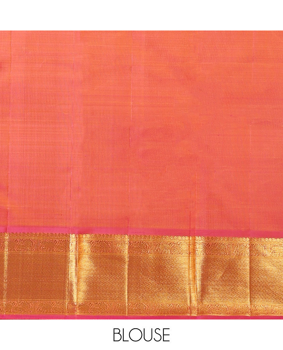 Orange embossed silksaree, contrast jaal pallu & border of manga mokku,mayil,yaanai,banaras & vanki designs