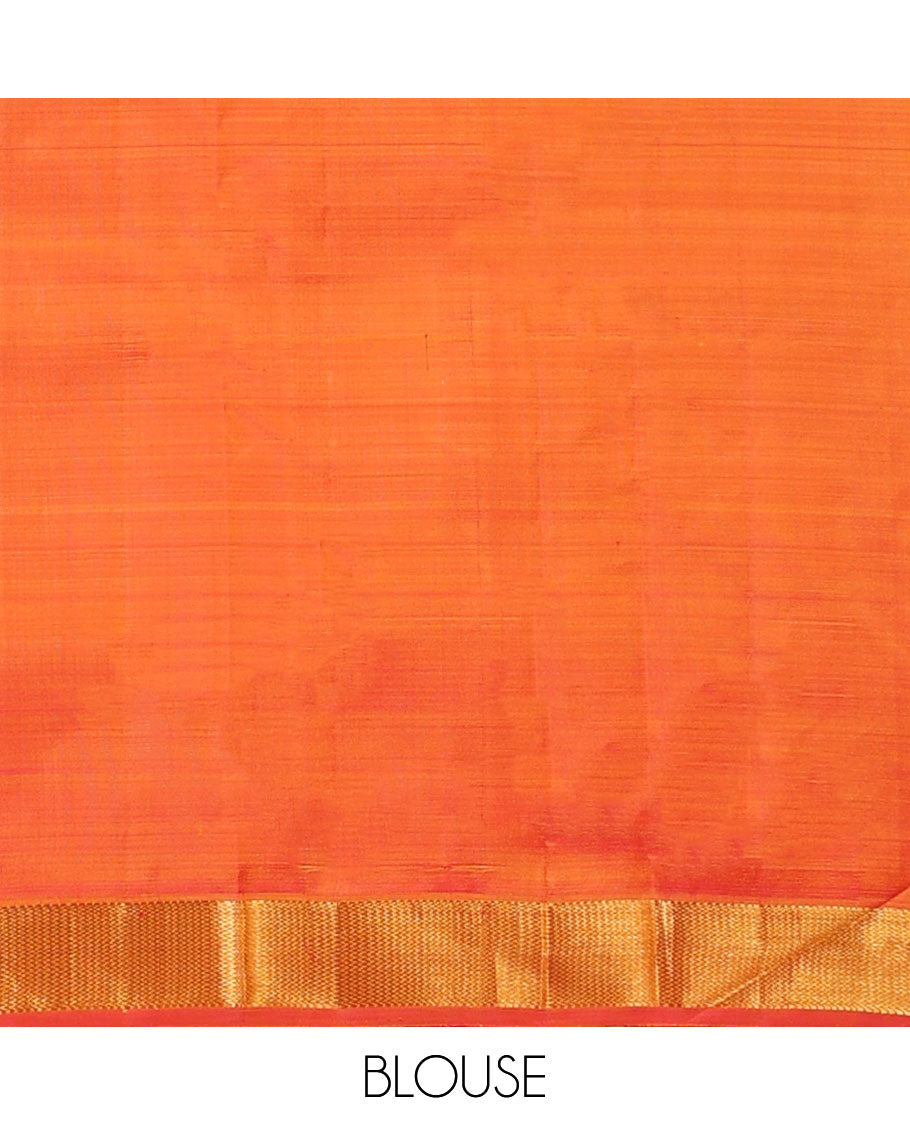 Orange checked silk saree, contrast zari border of muthu & vanki designs & pallu of zari designs