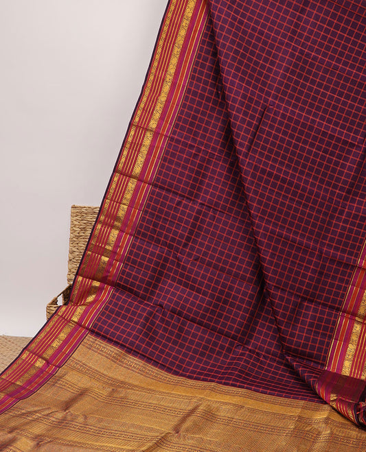 purple checked silk saree, contrast intricate pallu & border of salngai,banaras,yaali & yaanai