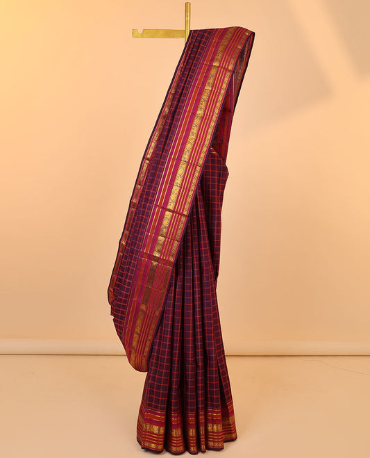 purple checked silk saree, contrast intricate pallu & border of salngai,banaras,yaali & yaanai
