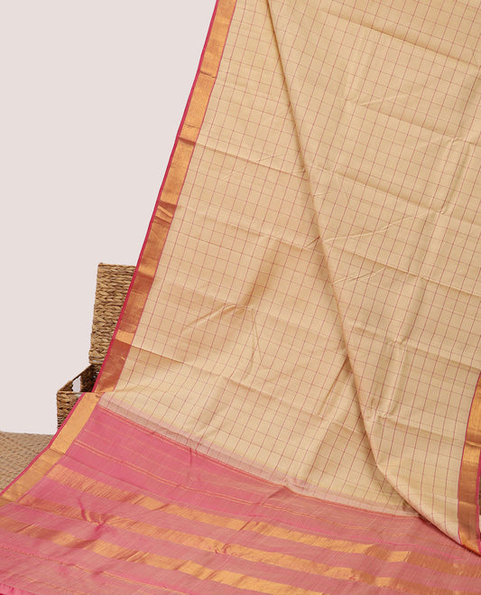 Sandal checked silk saree, contrast zari border of muthu designs & pallu of zari designs