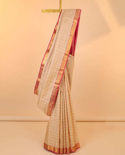 Sandal checked silk saree, contrast zari border of muthu designs & pallu of zari designs