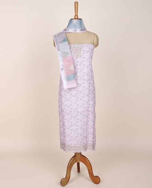 Pink chudidhar material set, leaf print & embroidered top, plain bottom & chevron printed dupatta