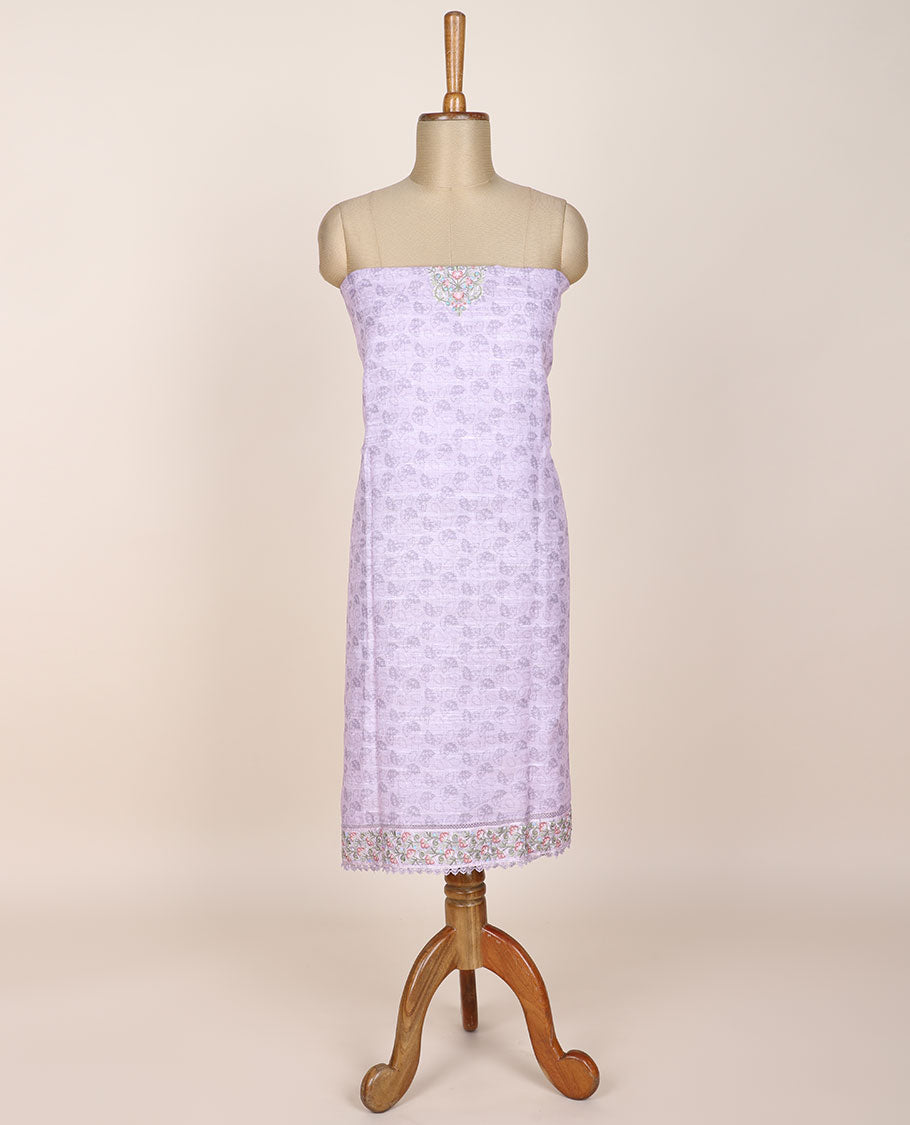 Pale lavender chudidhar material set, leaf print & embroidered top, plain bottom & chevron printed dupatta