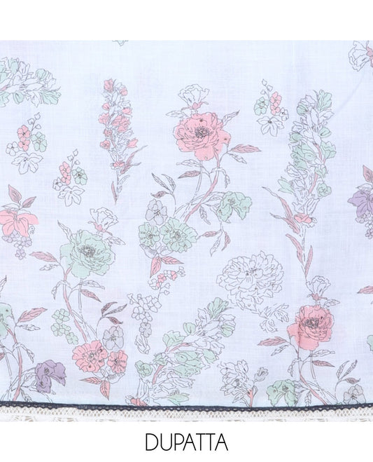 White chudidhar material set,floral printed & embroidered top, plain bottom & floral printed & embroidered dupatta